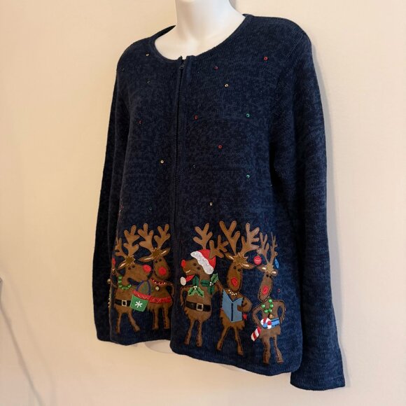 VINTAGE  Blue Christmas Sweater | Singing Reindeer & Festive Lights | Tiara - Picture 6 of 10